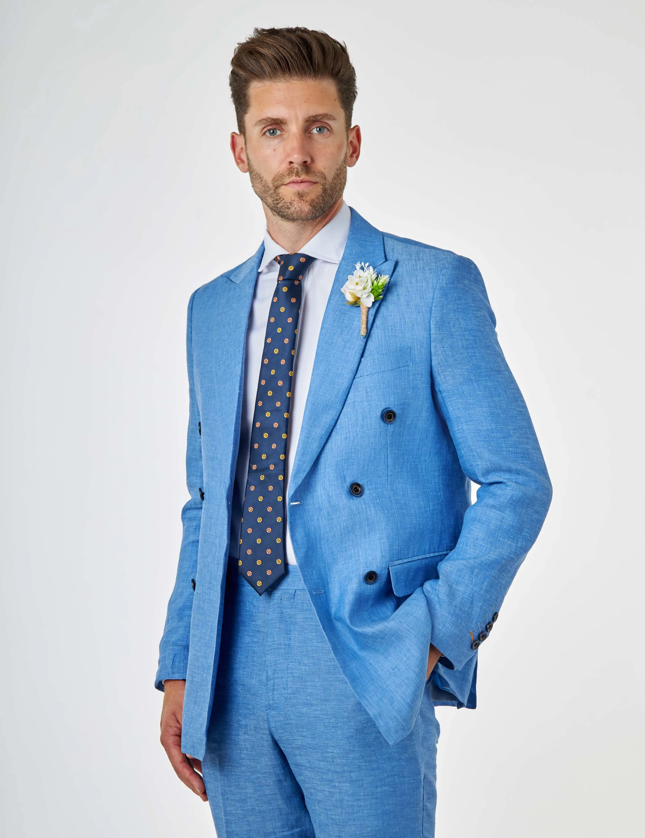 LEWIS - Tailored Fit Sky Blue Linen Double Breasted Suit Jacket