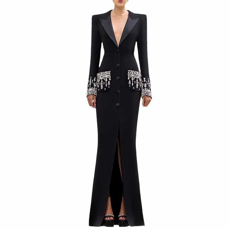 Long Sleeve Crystal Sequin Maxi Coat Dress Black Embellished Long Blazer Dress