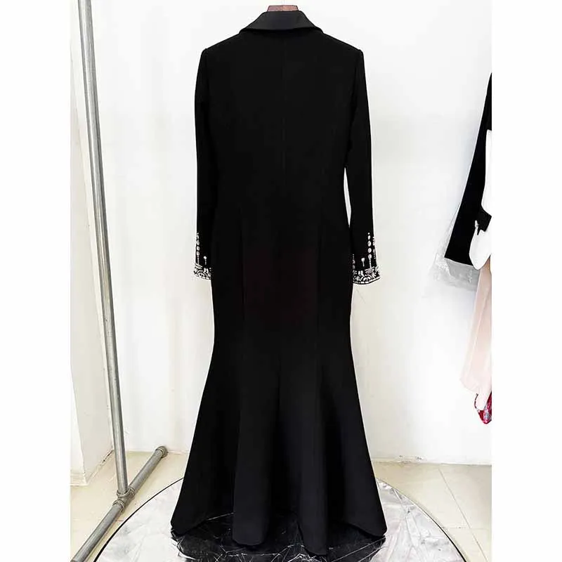 Long Sleeve Crystal Sequin Maxi Coat Dress Black Embellished Long Blazer Dress