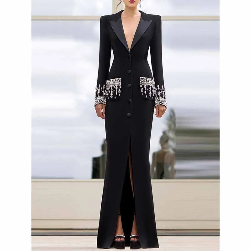 Long Sleeve Crystal Sequin Maxi Coat Dress Black Embellished Long Blazer Dress