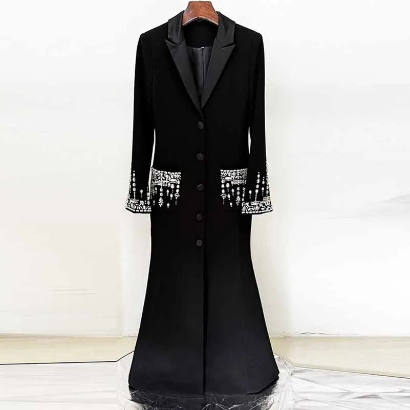 Long Sleeve Crystal Sequin Maxi Coat Dress Black Embellished Long Blazer Dress