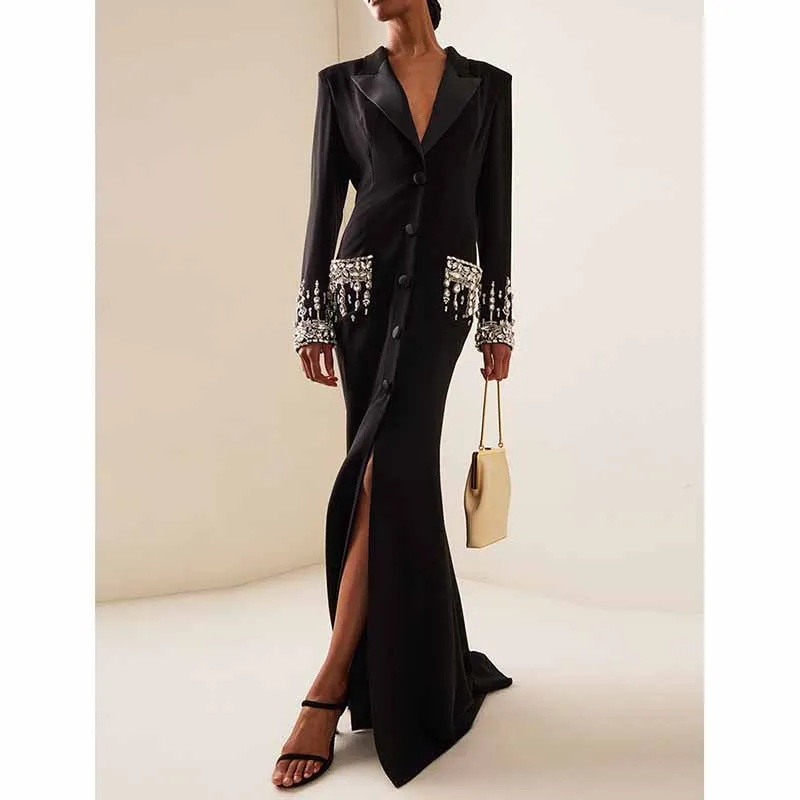 Long Sleeve Crystal Sequin Maxi Coat Dress Black Embellished Long Blazer Dress