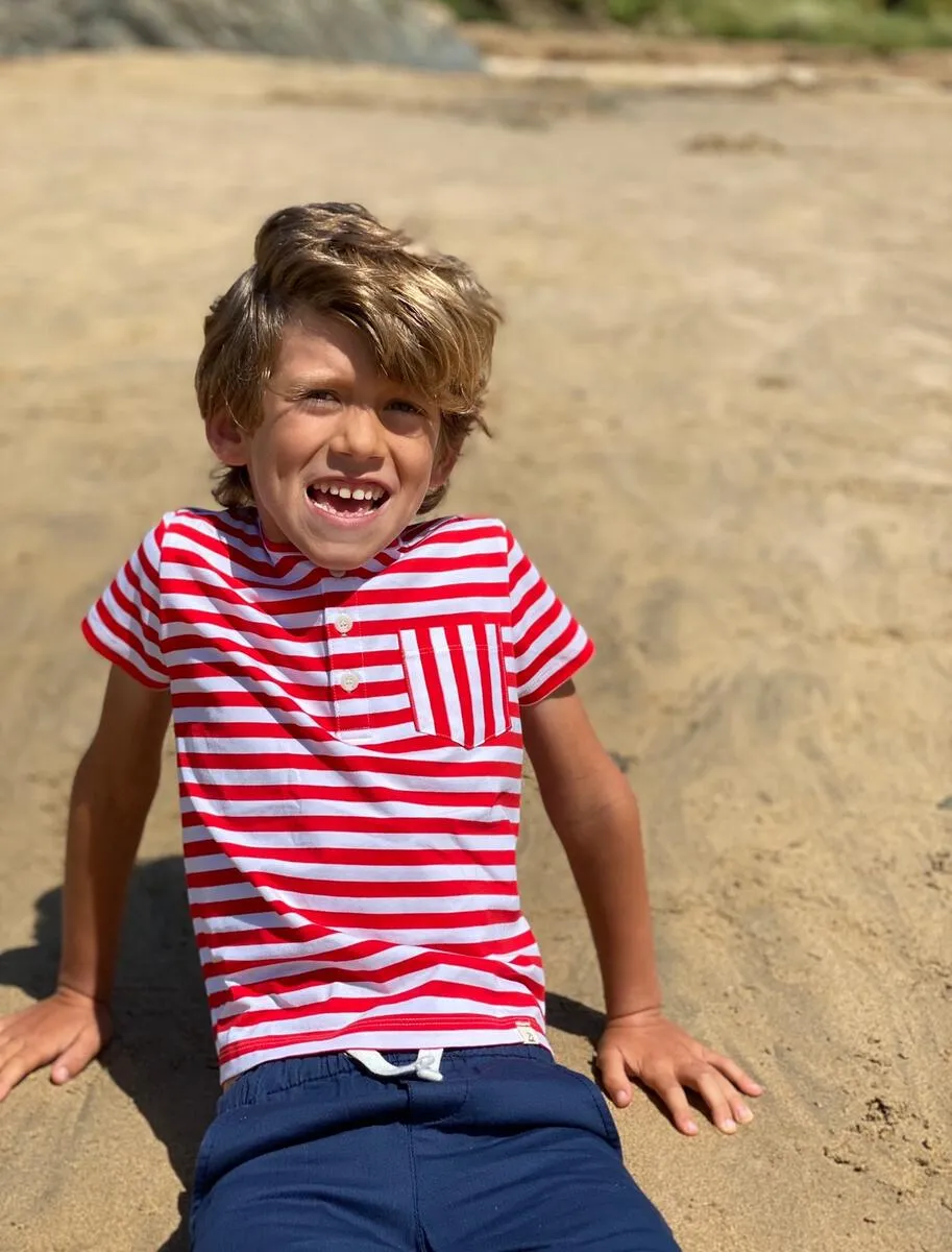 Me & Henry Red & White Stripe Dodger Henley S/S Shirt