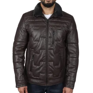 Men's Quilted Padded Real Leather Safari Parka Coat Jacket Fleece Collar