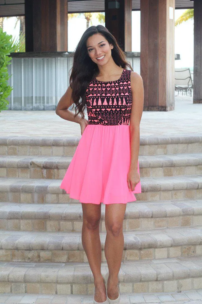 Neon Pink Short Dress with Printed Top