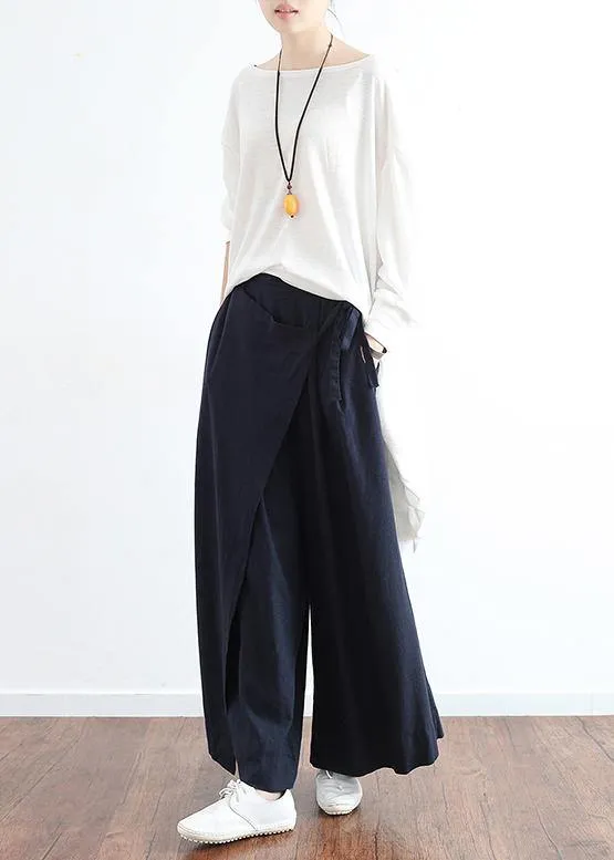 New dark blue ladies loose tie irregular wide leg cotton and linen pants