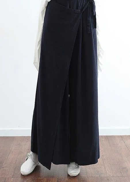 New dark blue ladies loose tie irregular wide leg cotton and linen pants