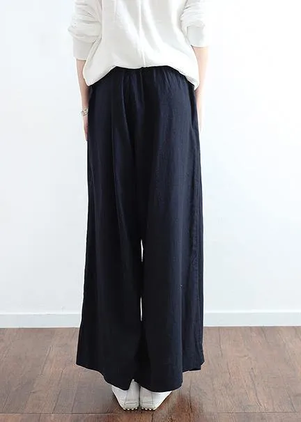 New dark blue ladies loose tie irregular wide leg cotton and linen pants