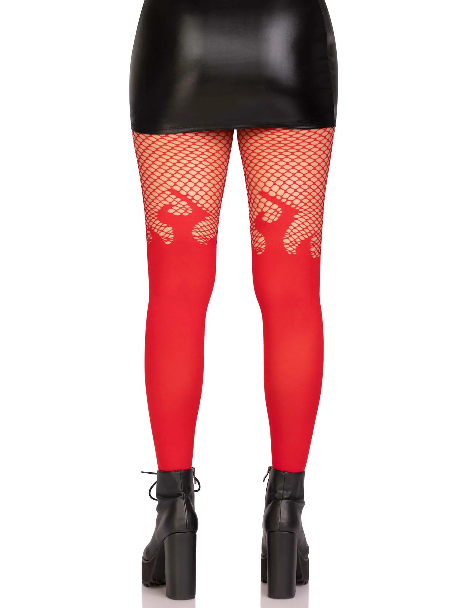 Opaque Flame Tights With Fishnet Top - One Size -  Red