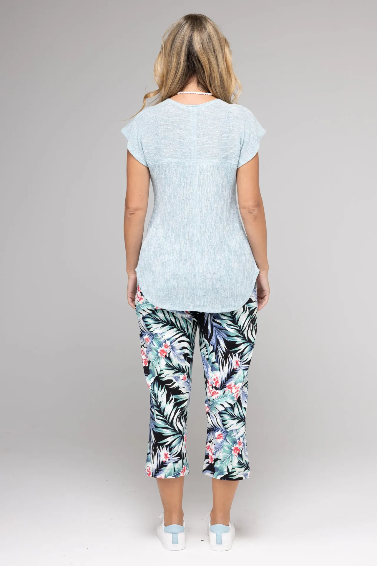 Palms Print Stretch Rayon Nylon Capri Pants