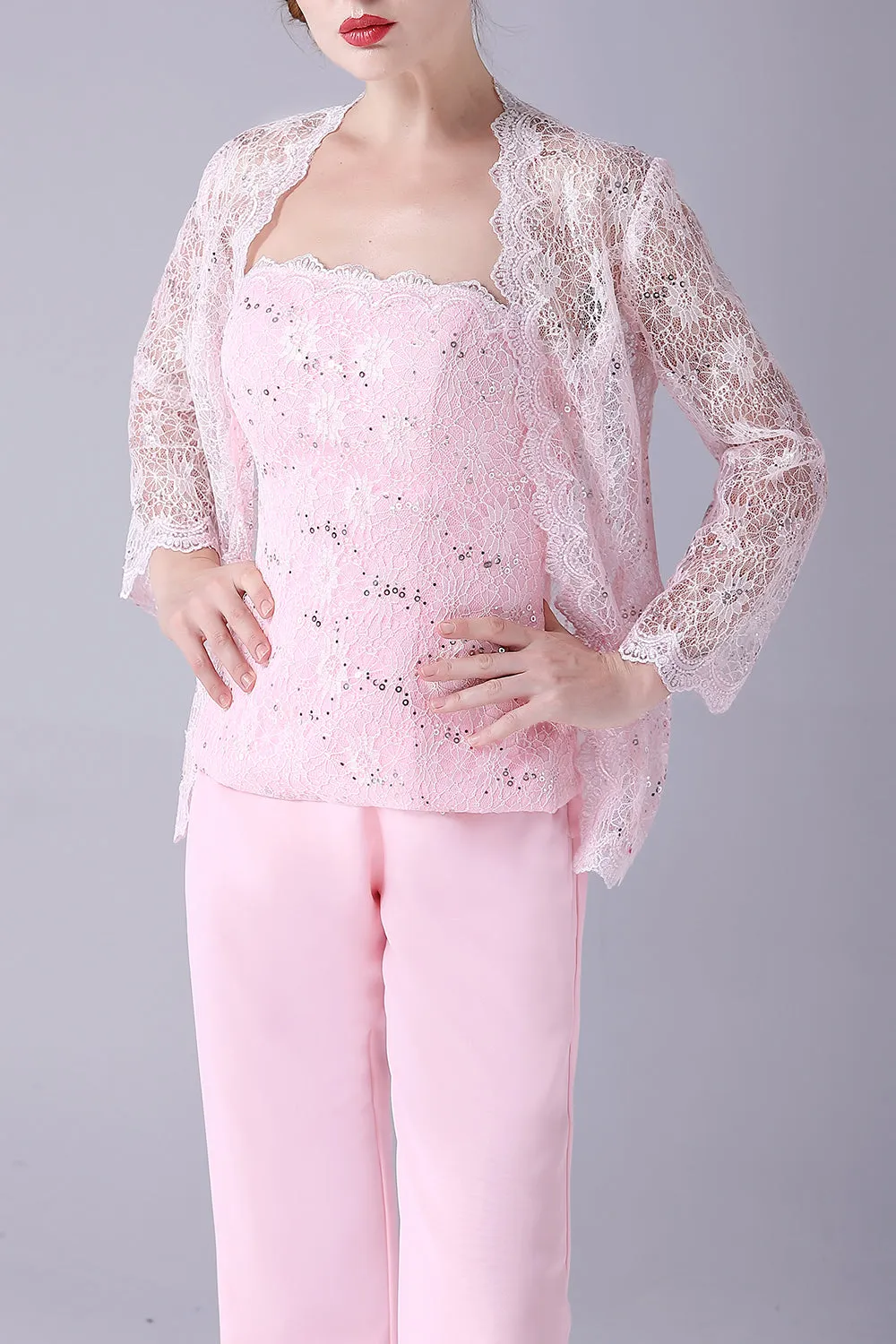 Pink 3 Pieces Lace Coat Mother of the Bride Pant Suits