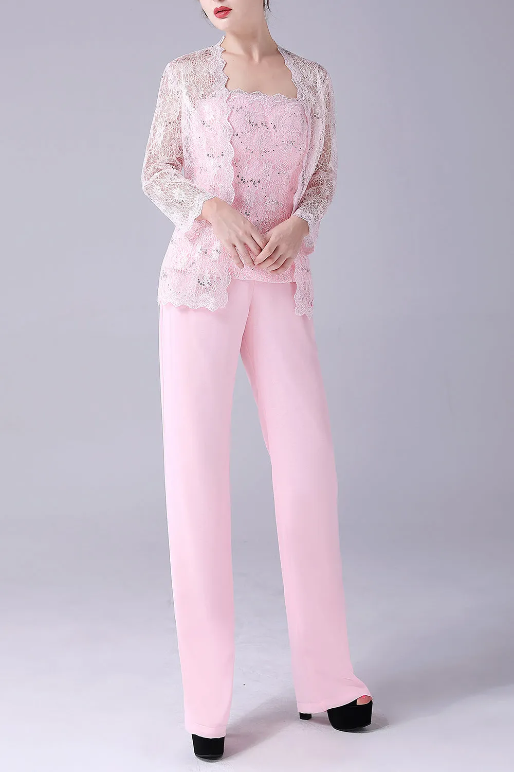 Pink 3 Pieces Lace Coat Mother of the Bride Pant Suits