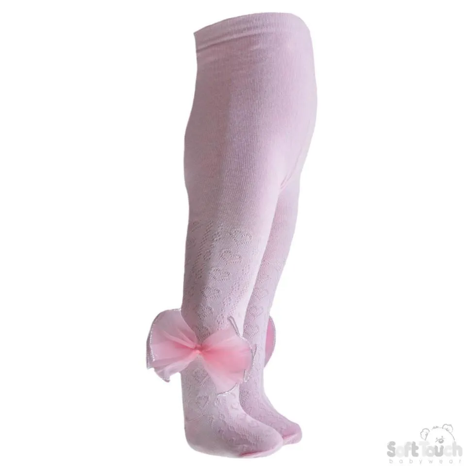 Pink Hearts Jacquard Tights With Large Organza Bow - NB-24M - T43-P