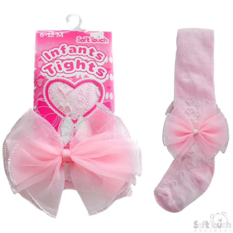 Pink Hearts Jacquard Tights With Large Organza Bow - NB-24M - T43-P