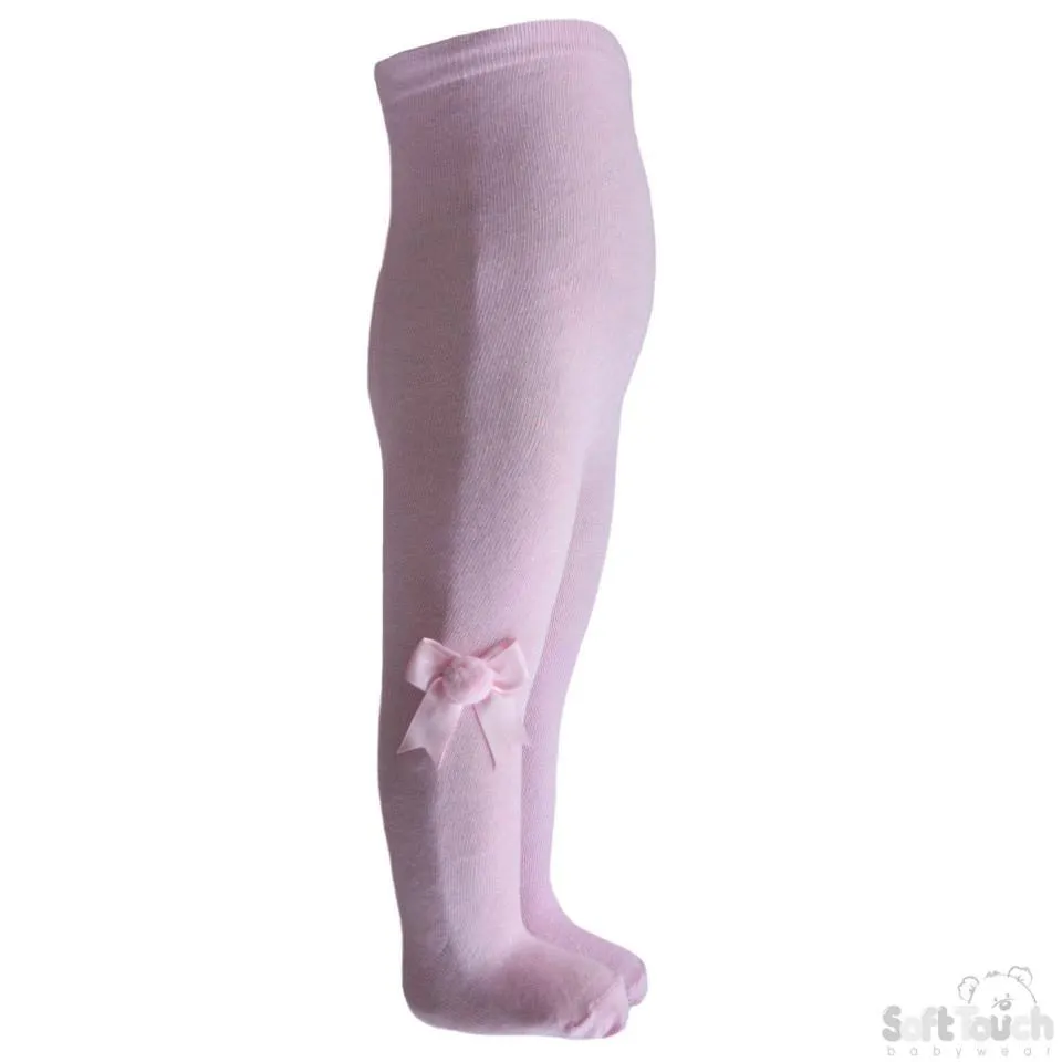 Plain Pink Tights With Matching Bow And Pom Pom - NB-24 Months - T41-P