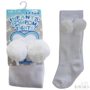 Plain White Tights With Pom Pom - NB-18M - T45-W