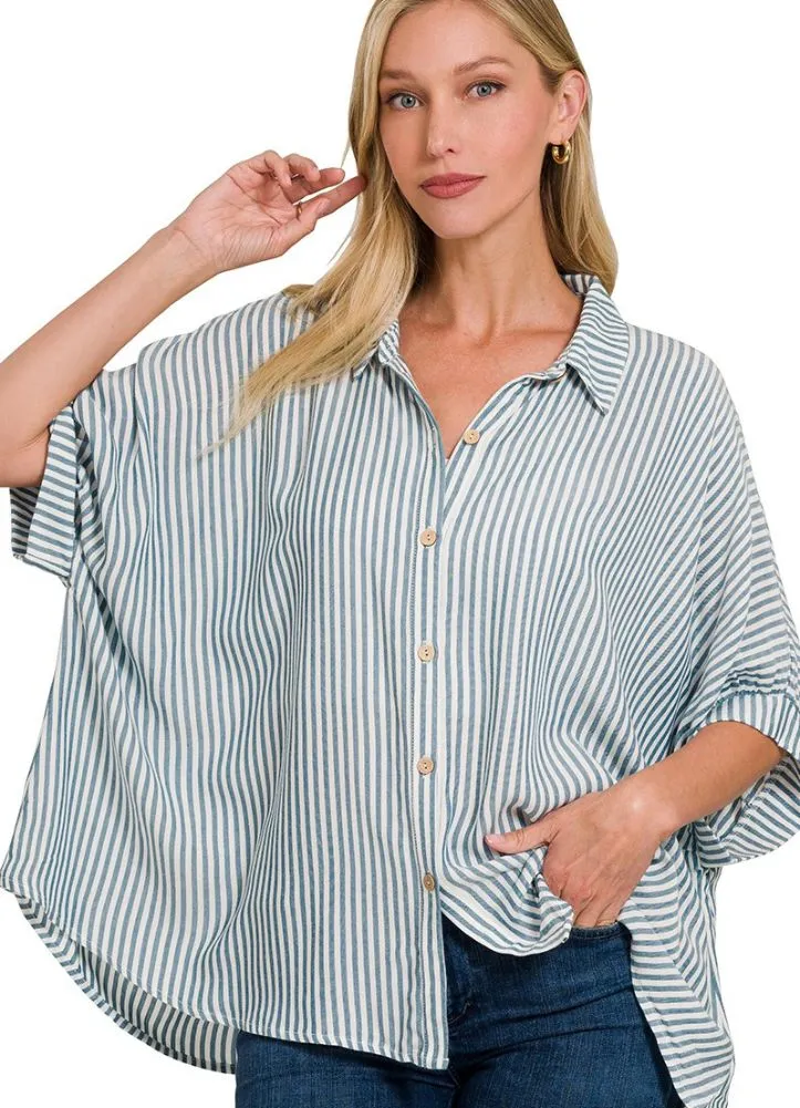 Rayon Striped SS Button Up in Teal by Zenana