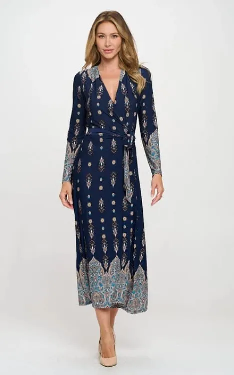 Renee C- Printed V Neck Jersey Wrap Maxi