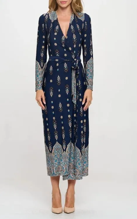 Renee C- Printed V Neck Jersey Wrap Maxi