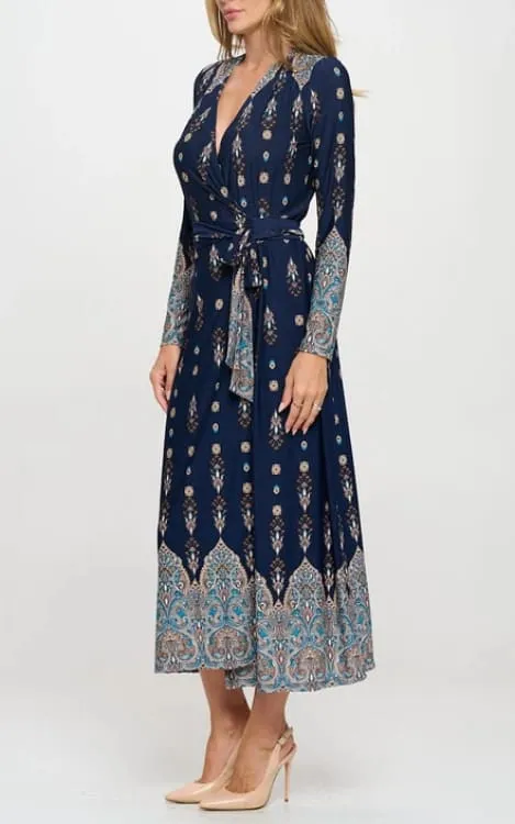 Renee C- Printed V Neck Jersey Wrap Maxi