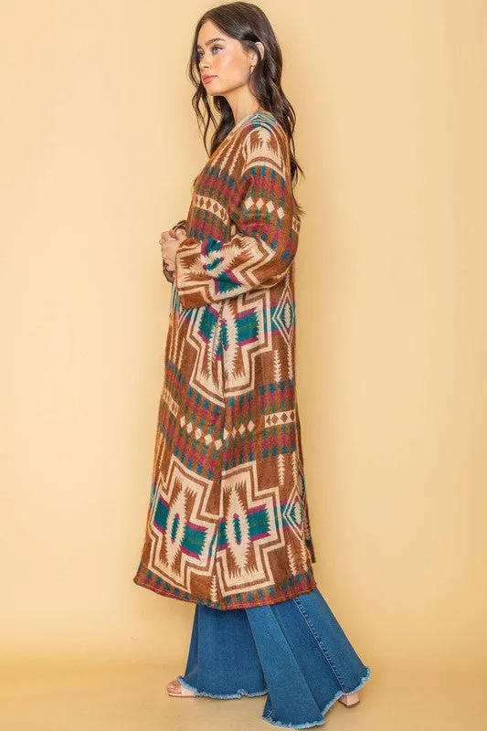 Rust Ethnic Aztek Long Open Kimono