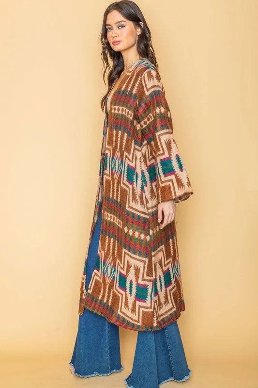 Rust Ethnic Aztek Long Open Kimono