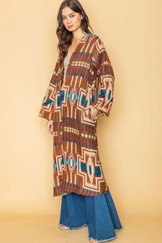 Rust Ethnic Aztek Long Open Kimono