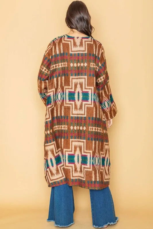 Rust Ethnic Aztek Long Open Kimono