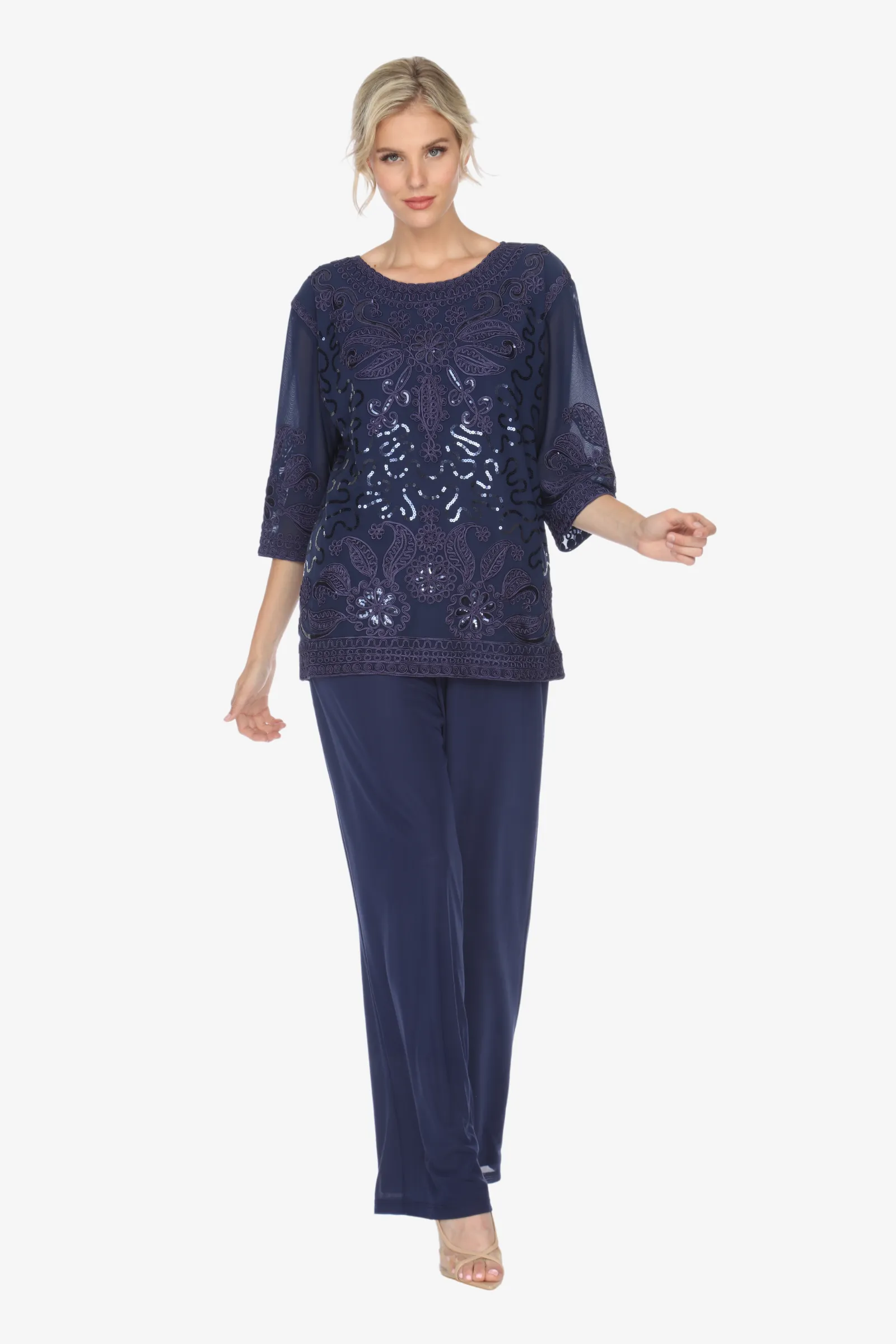 Soulmates 2203 Embroidered Lace Beaded Top with Pants Set