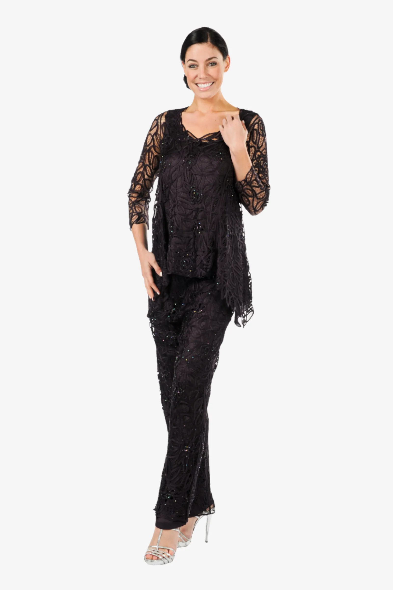 Soulmates C8057 Beaded Lace Evening Baby Doll Tunic Top with Pants Set