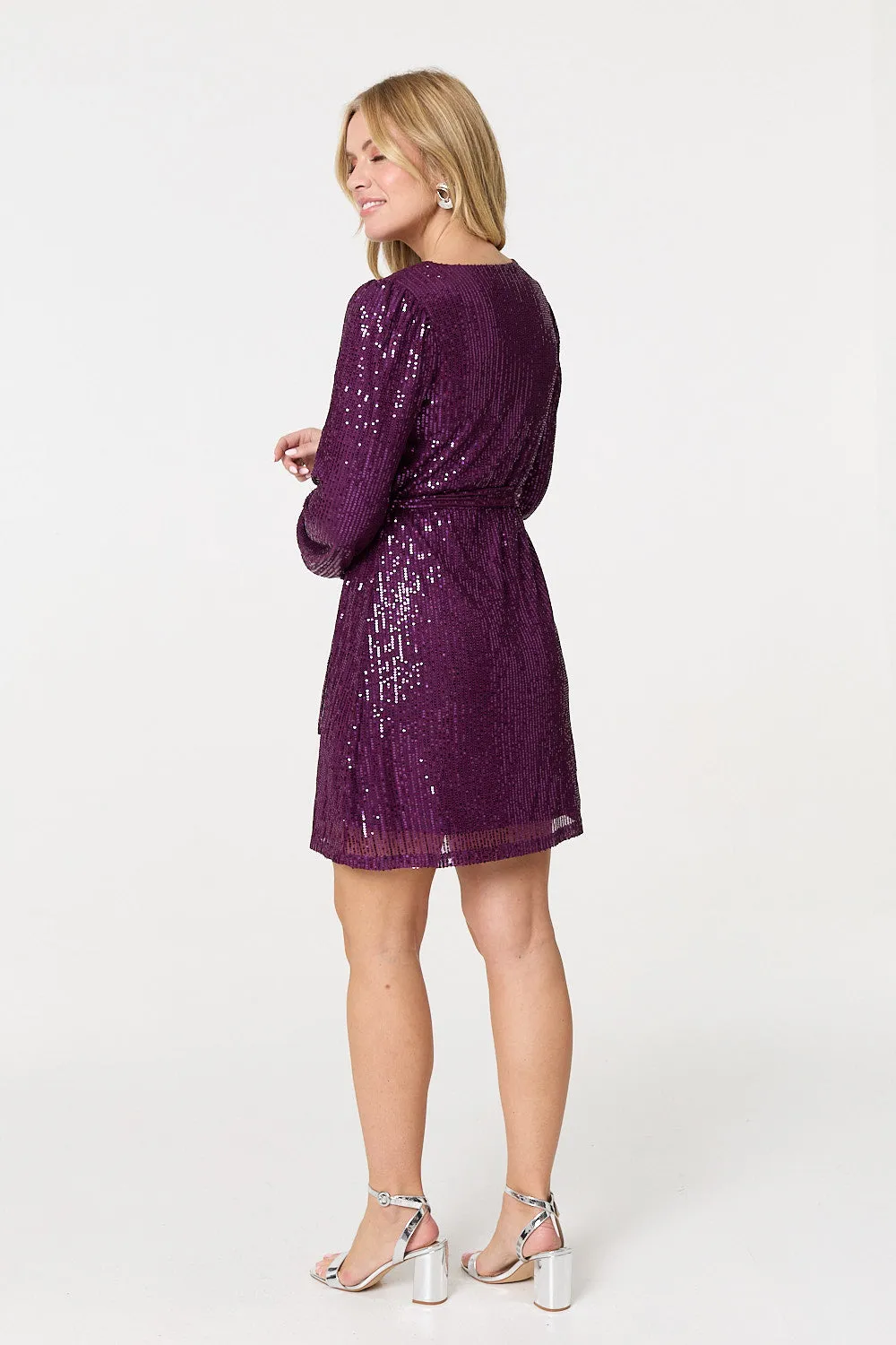 Sparkly Sequin Long Sleeve Mini Wrap Dress