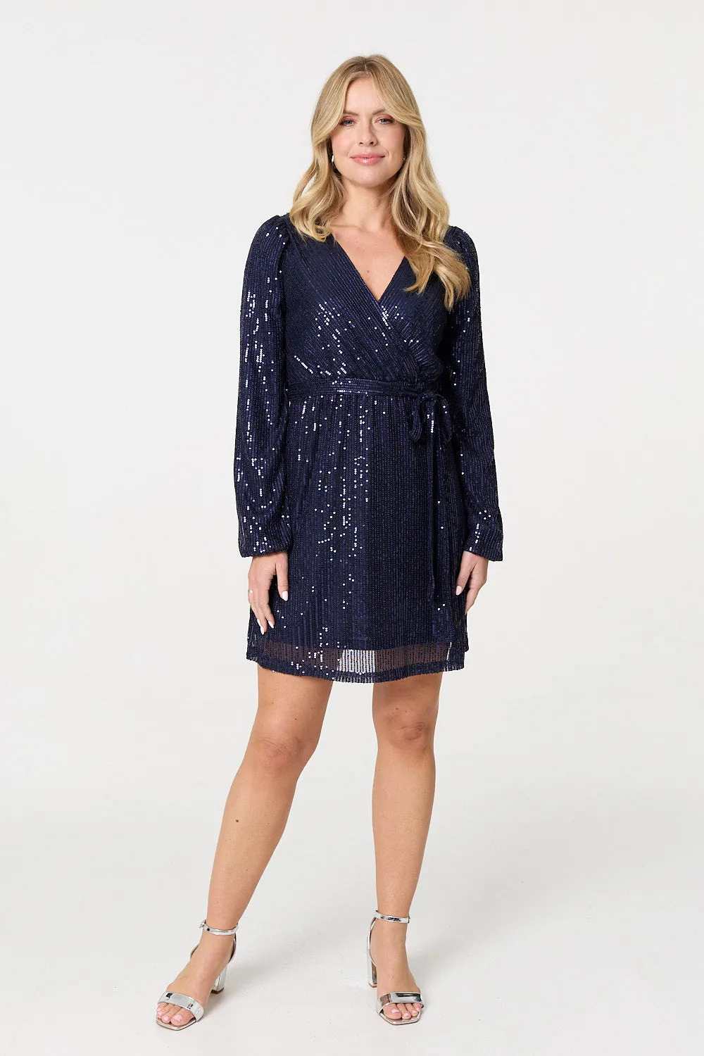 Sparkly Sequin Long Sleeve Mini Wrap Dress