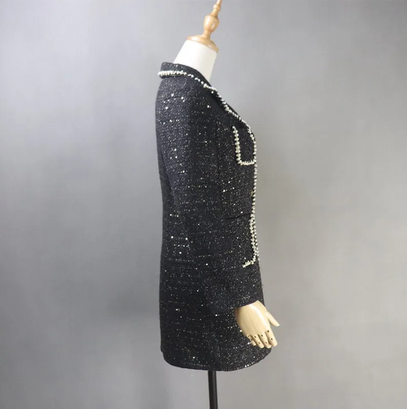 Tailor Made Tweed Pearls Black Blazer Mid Length / Long Sequinned Coat for Women