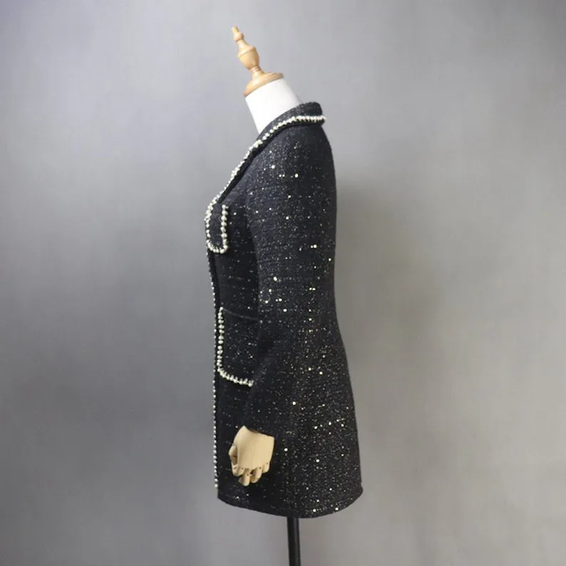 Tailor Made Tweed Pearls Black Blazer Mid Length / Long Sequinned Coat for Women