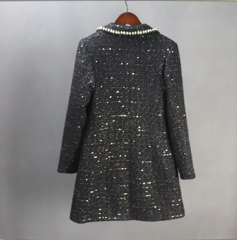 Tailor Made Tweed Pearls Black Blazer Mid Length / Long Sequinned Coat for Women