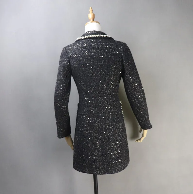 Tailor Made Tweed Pearls Black Blazer Mid Length / Long Sequinned Coat for Women