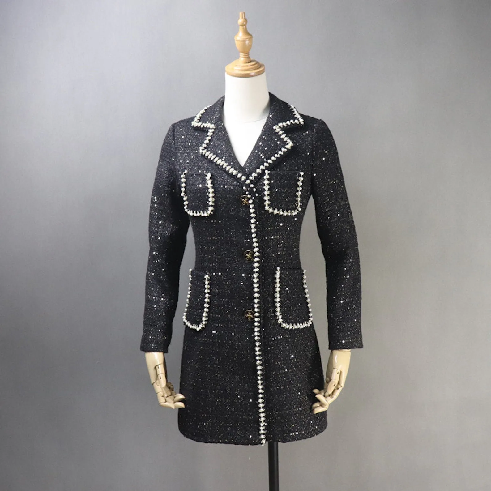 Tailor Made Tweed Pearls Black Blazer Mid Length / Long Sequinned Coat for Women