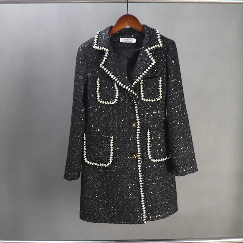 Tailor Made Tweed Pearls Black Blazer Mid Length / Long Sequinned Coat for Women