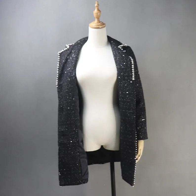 Tailor Made Tweed Pearls Black Blazer Mid Length / Long Sequinned Coat for Women