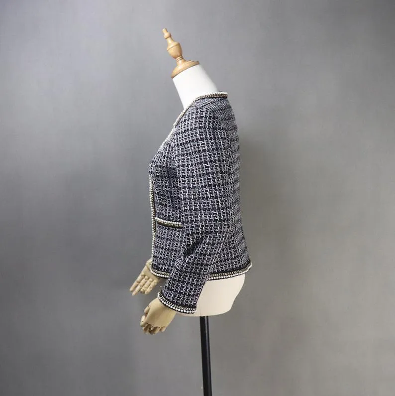 Tailor Made White Pearls checked Blazer Coat for Women's