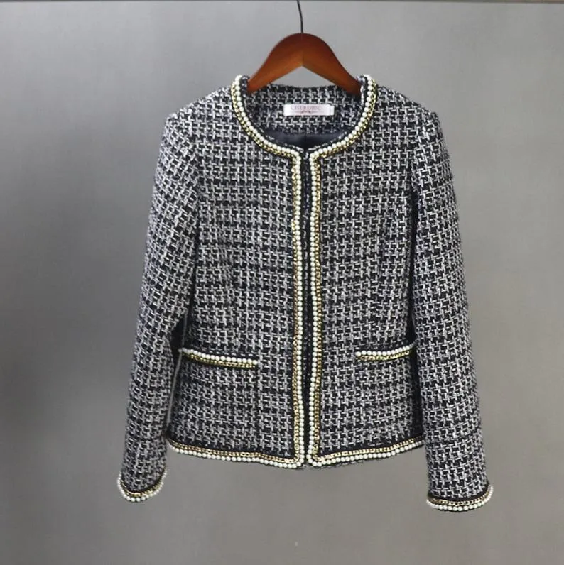 Tailor Made White Pearls checked Blazer Coat for Women's