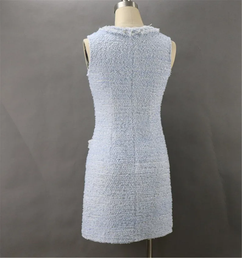 Tweed Sheath Dress Light Blue For Womens Custom Made