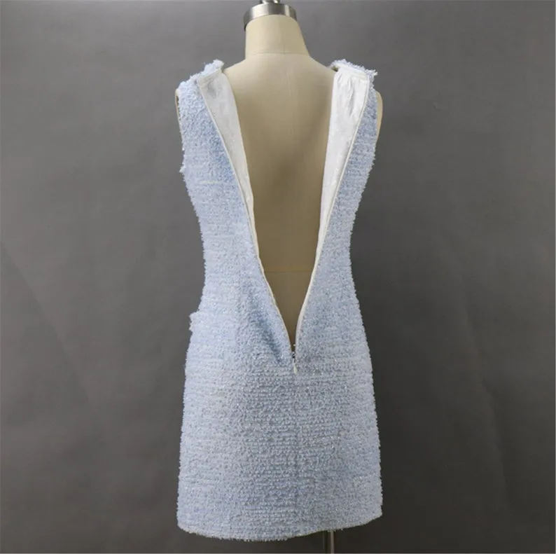 Tweed Sheath Dress Light Blue For Womens Custom Made