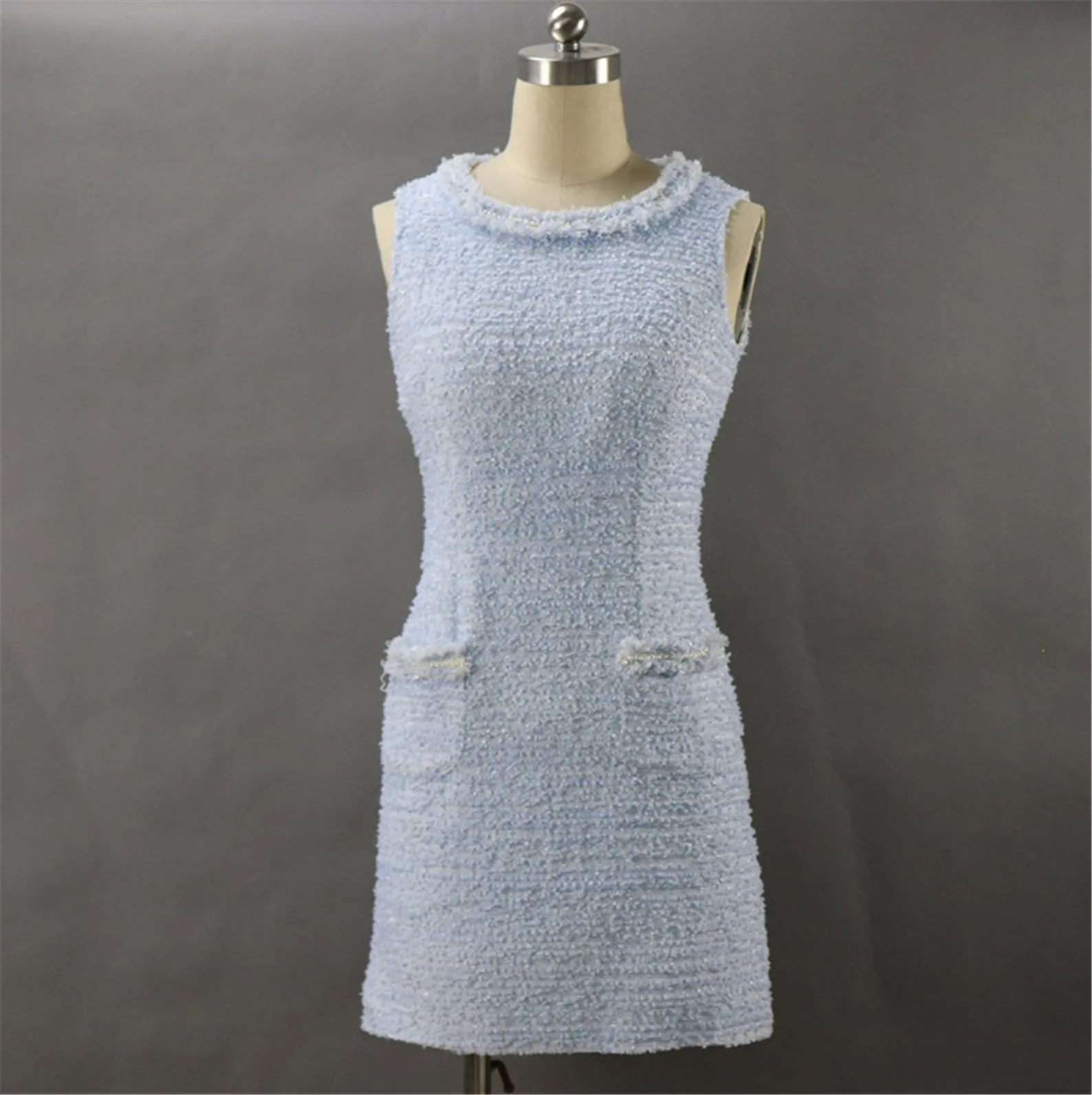 Tweed Sheath Dress Light Blue For Womens Custom Made