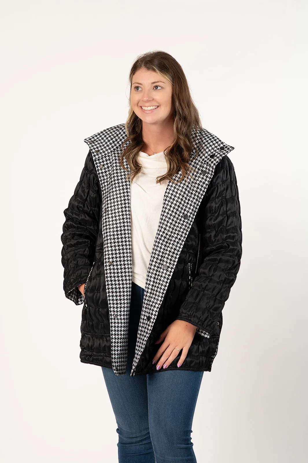 UbU Reversible Quilted Car Coat - Houndstooth/Black