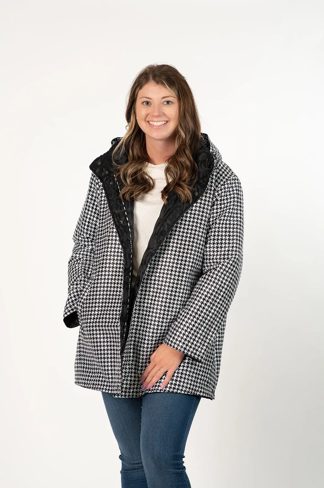 UbU Reversible Quilted Car Coat - Houndstooth/Black