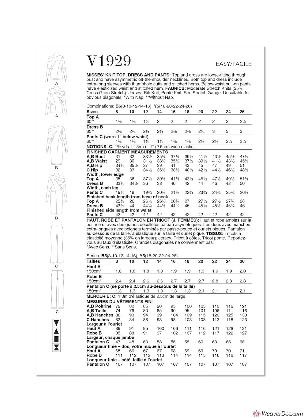 Vogue Pattern V1929 Misses' Knit Top, Dress & Pants