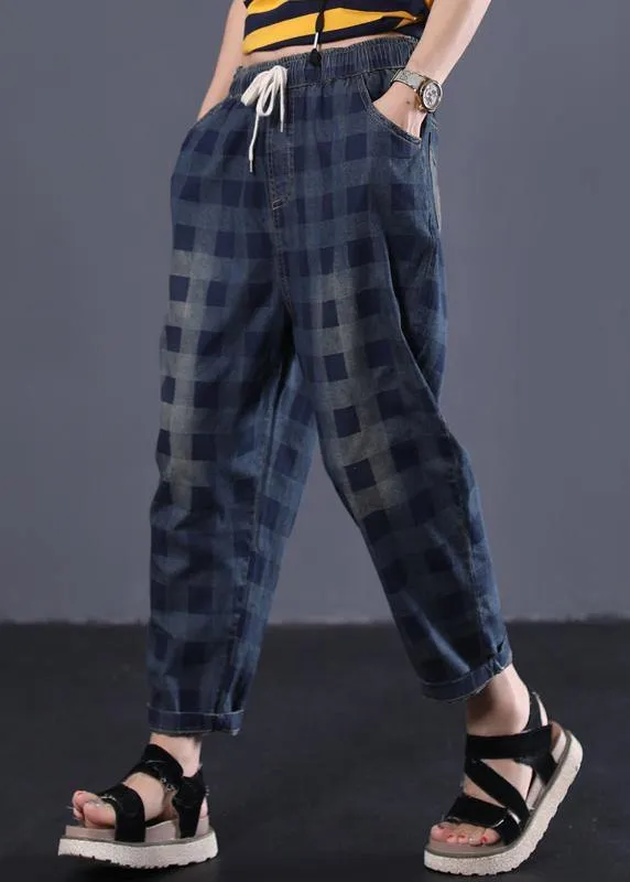 women new navy plaid cotton casual pant vintage elastic waist pants