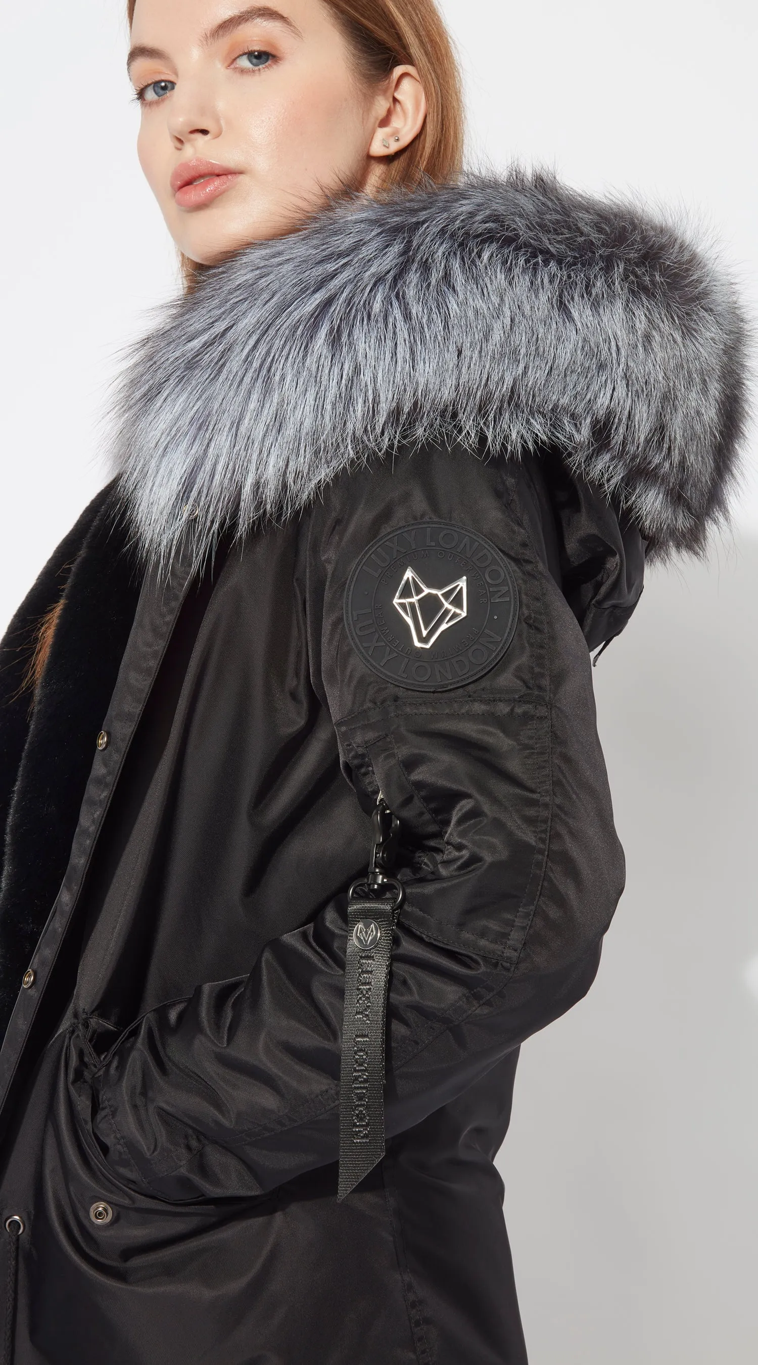 Womens Black Water-Repellent Luxy Fur Parka  - Silver Fox