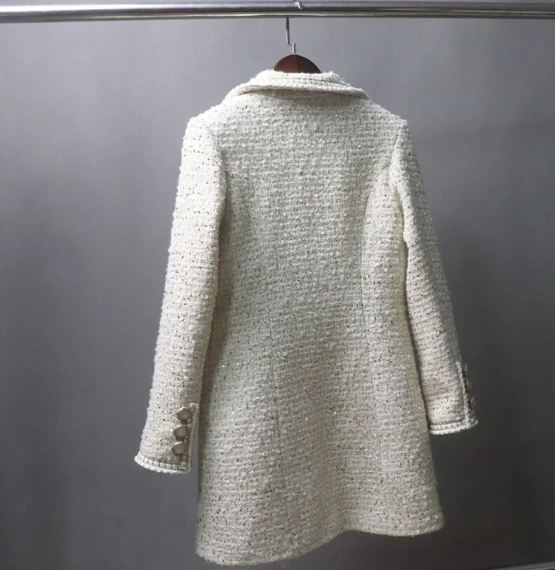 Women's CUSTOM MADE Chain Trim Golden Sparkle Tweed Coat Cream